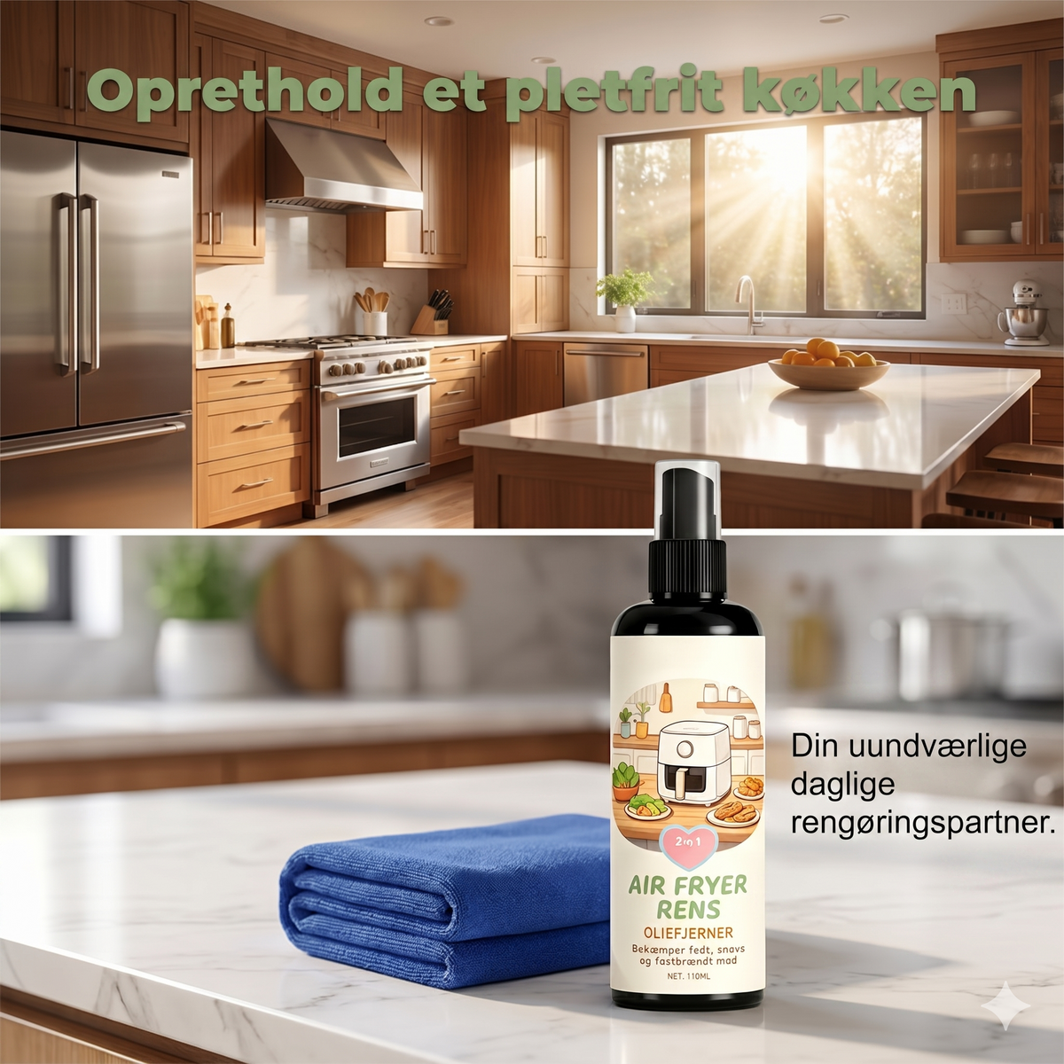 2-i-1 Airfryer Rensespray & Affedter + Gratis Mikrofiberklud