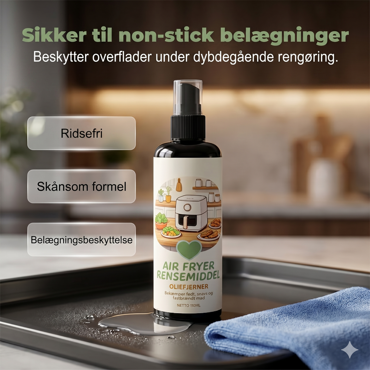2-i-1 Airfryer Rensespray & Affedter + Gratis Mikrofiberklud