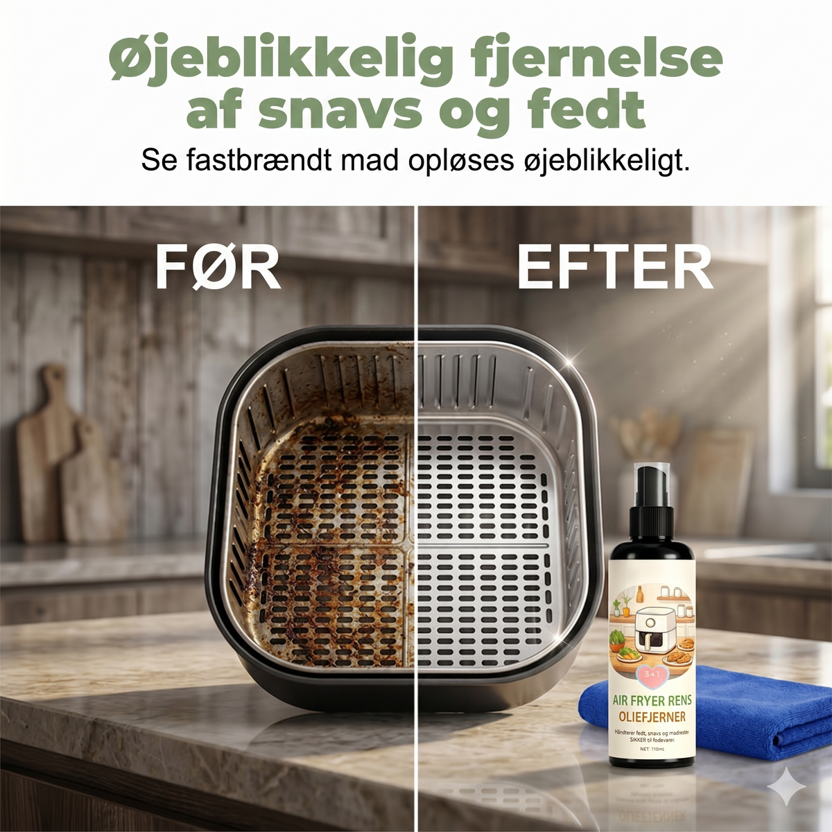 2-i-1 Airfryer Rensespray & Affedter + Gratis Mikrofiberklud