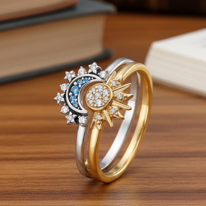 Sølv Ring med Måne og Sol Design Tidløs Stil